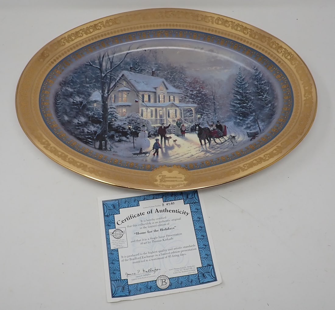2002 Thomas Kinkade Bradford Exchange Platter: Platter / Plate Titled " Home for the Holidays". Approx 12 1/2" x 16 1/2"
