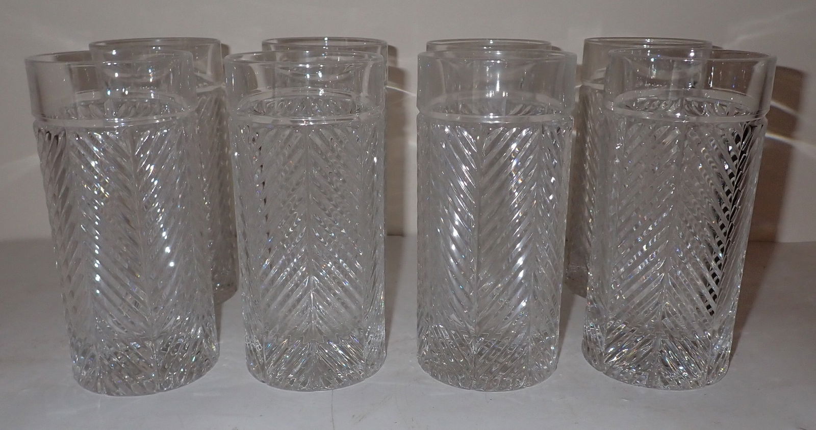 8 Drinking Glasses: Approx 3" in diameter and 6 1/4" tall. NO SHIPPING. Nice heavy glasses