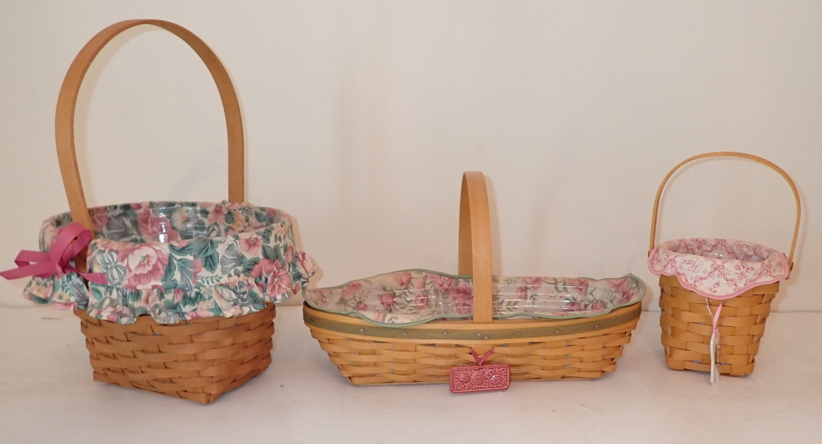 3 Longaberger Baskets: One on left is approx 7 3/4" x 8 1/2" x 13" tall