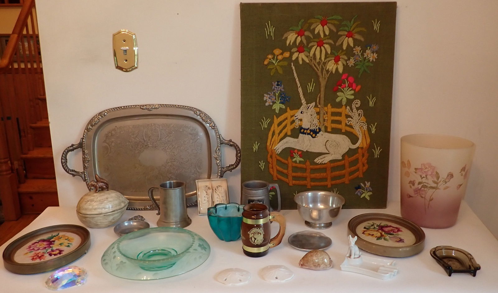 Needlepoints Holland Mold Squirrel & Misc: Largest needlepoint is approx 19" x 26" . NO SHIPPING