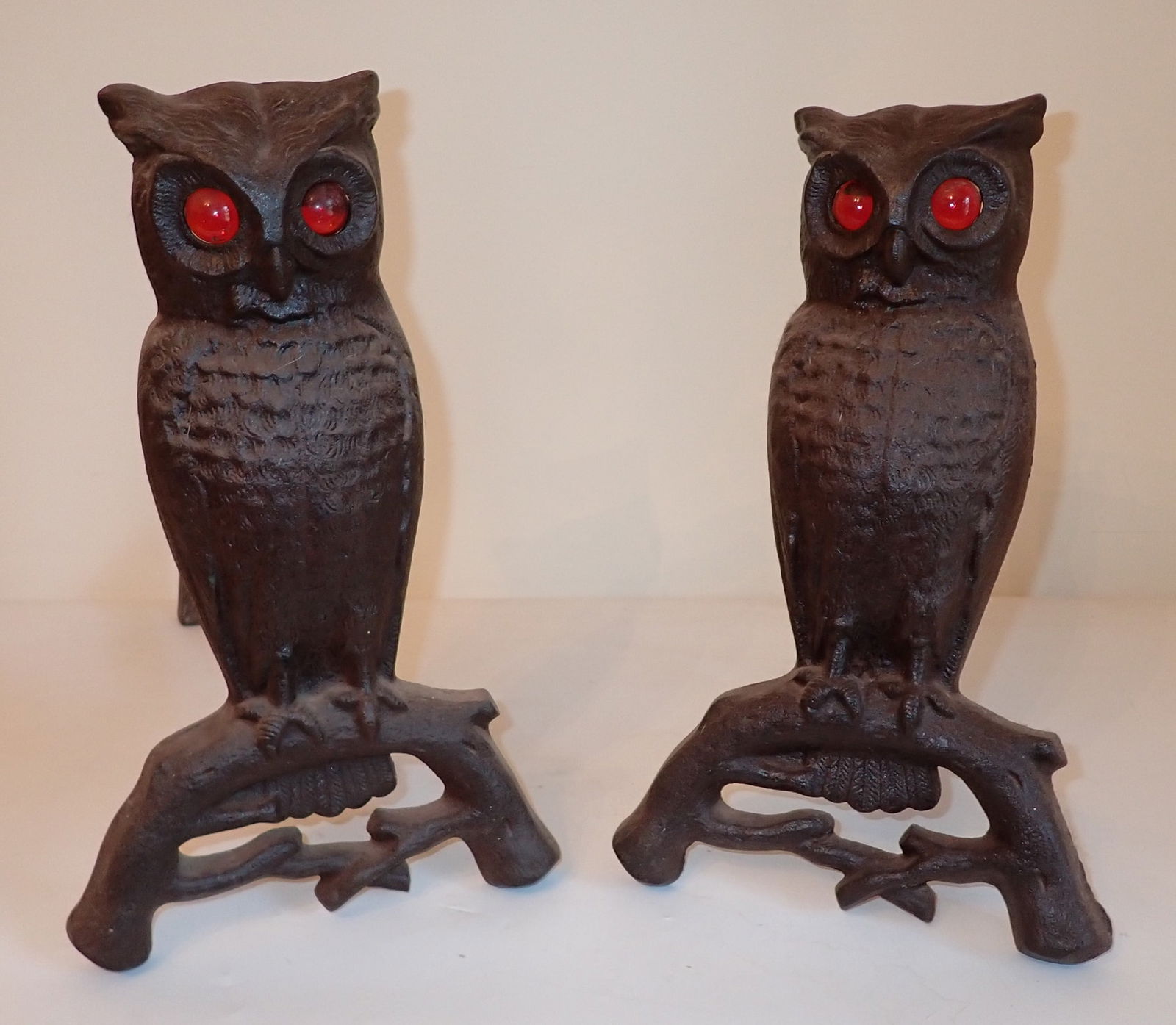 Cast Iron Owl Andirons w/ Glass Eyes: Approx 9" wide, 15" tall, and 16 3/4" deep. NO SHIPPING