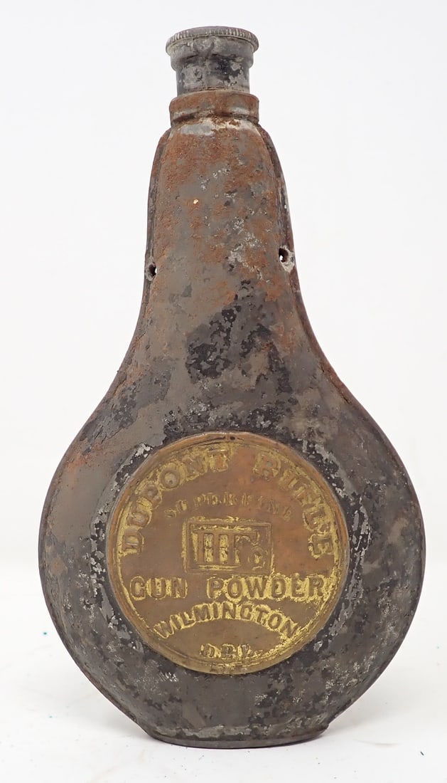 Dupont Rifle Gun Powder Shot Flask: Approx 4" x 7". It does have shot in it.