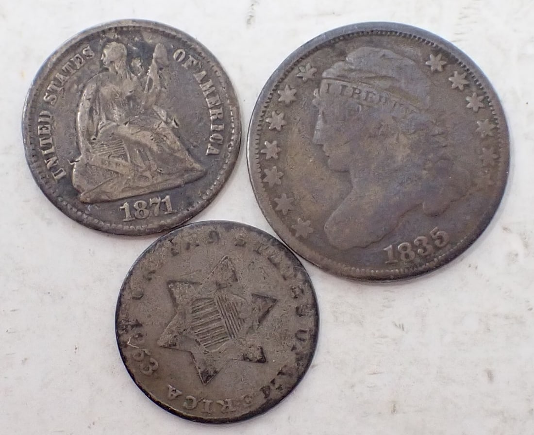 1871 Half Dime 1835 10 Cent 1853 3 Cent Piece (1 of 2)