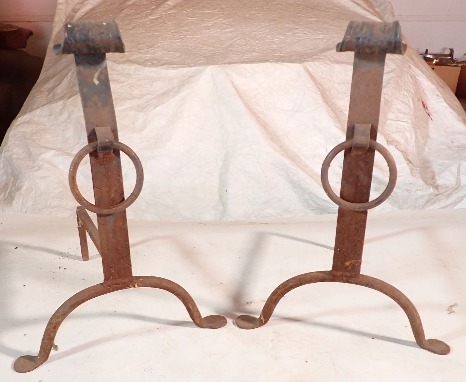 Andirons w/ Penny Feet: Approx 11 3/4" wide, 13" deep, 17" tall.