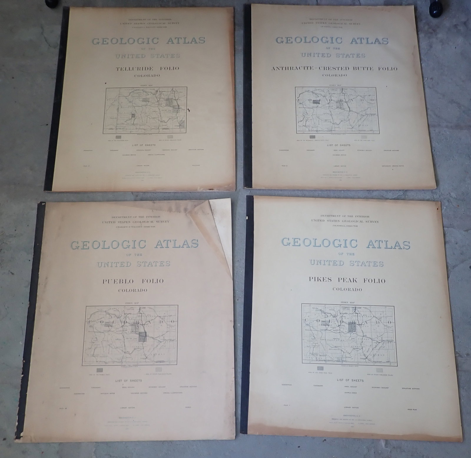 4 Colorado Geographic Atlas's 1890's: There is 1897 Pueblo Folio ( Charles Wescott), 1894 Pikes Peak Folio (J.W. Powell), 1894 Anthracite - Crested Butte Folio ( J.W. Powell), 1899 Telluride ( Charles Wescott). Department of Interior Unit