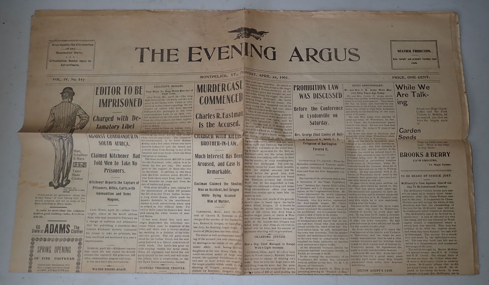 1901 Evening Argus Newspaper Montpelier VT (1 of 8)