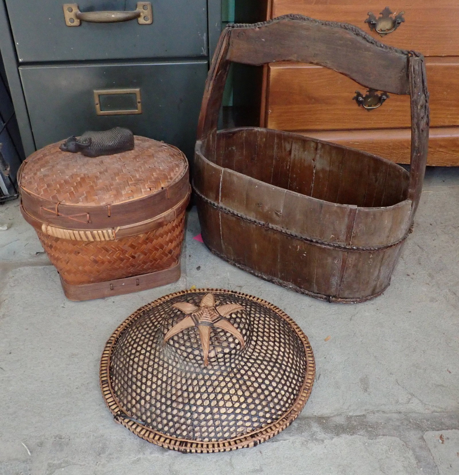 African Basket Hat & Wooden Basket: Basket 11" in diameter and 11" tall