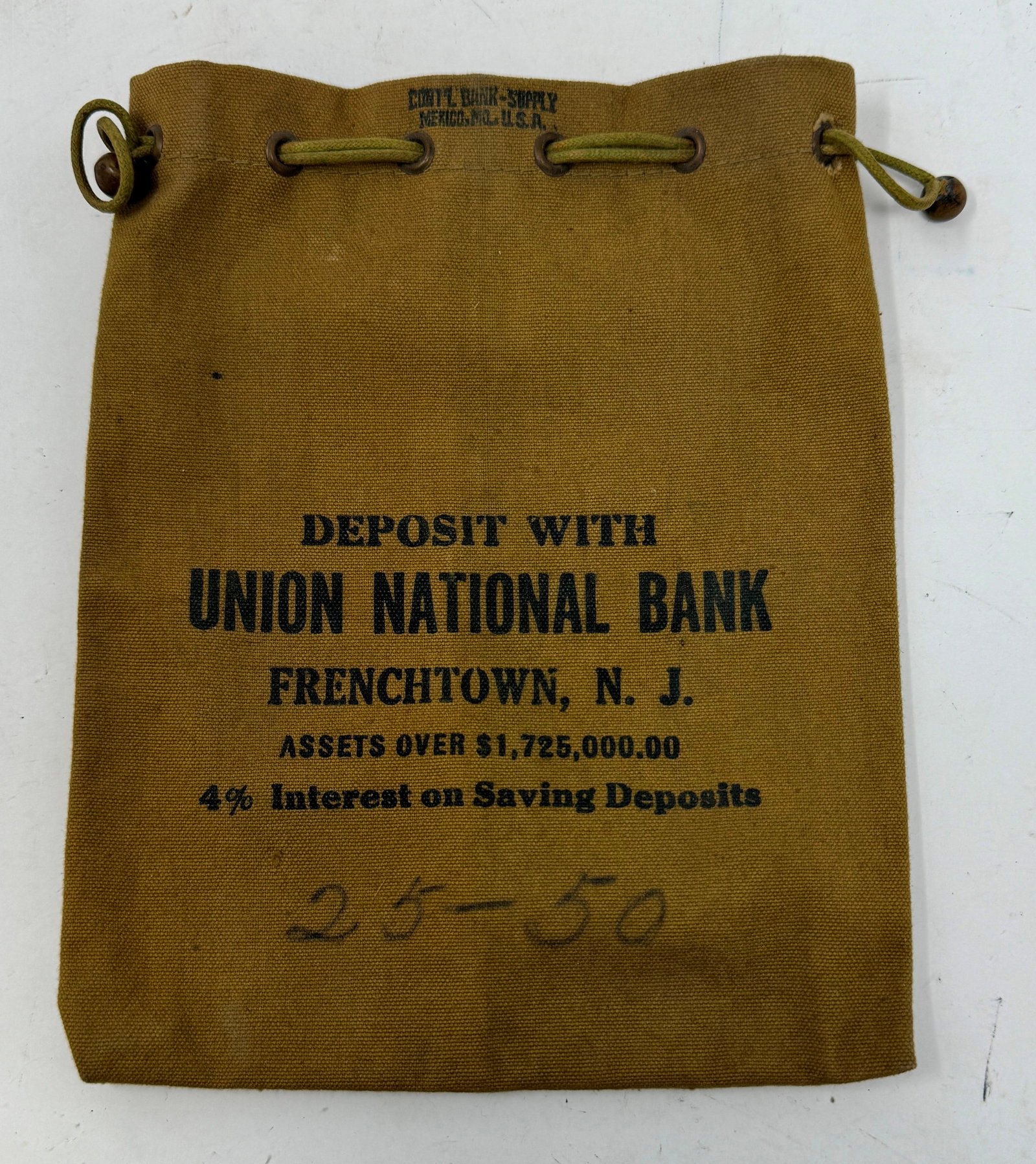 Union National Bank Frenchtown NJ Money Bag: Money bag is approx 6" x 8"