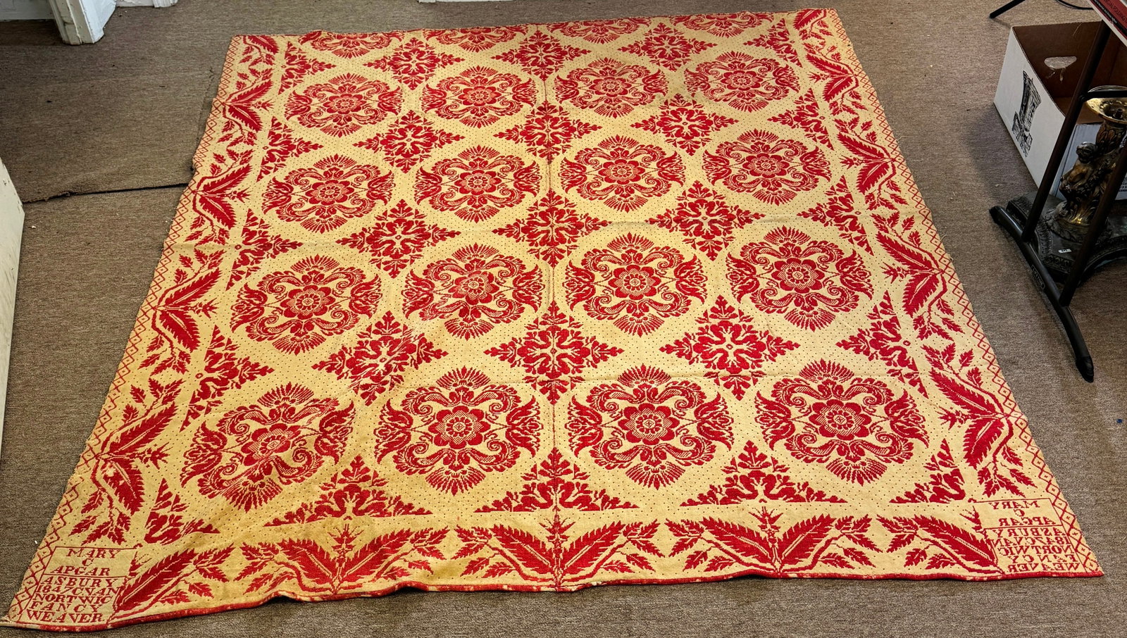 1847 C. Van Nortwic Fancy Weaver Coverlet for Mary Apgar: Coverlet is Apprx 77" x 85"