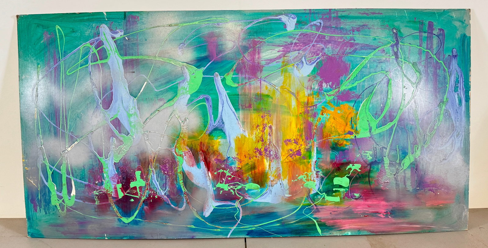 John Reilly Abstract Oil Painting on Board: Approx 24" x 48". If being shipped, please contact The Local UPS Store BEFORE bidding, to get a shipping quote. Their number is (908)213-6838 & select option 5. Or email store5528@theupsstore.com.