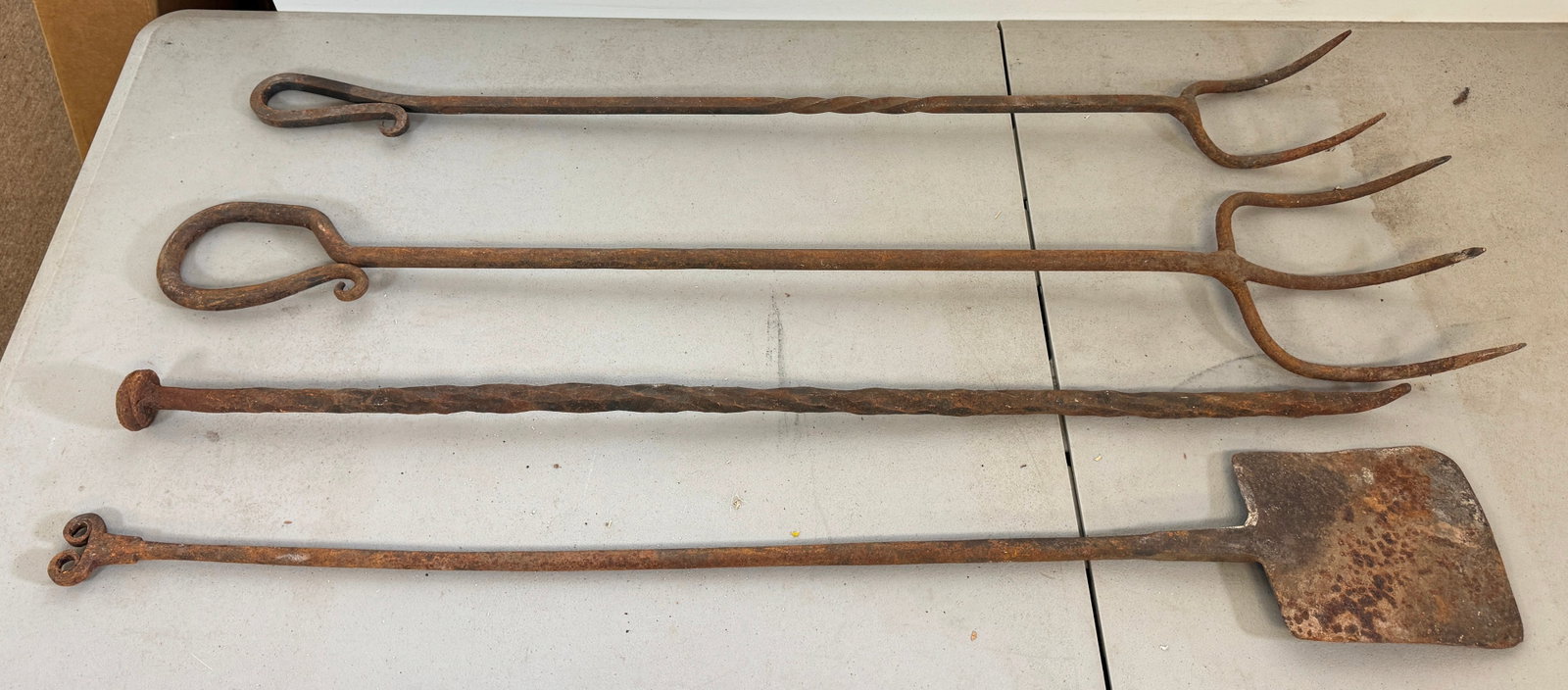 Huge Wrought Iron Butcher Forks Piel & Poker: Largest fork is approx 8" wide and 46" long. No shipping