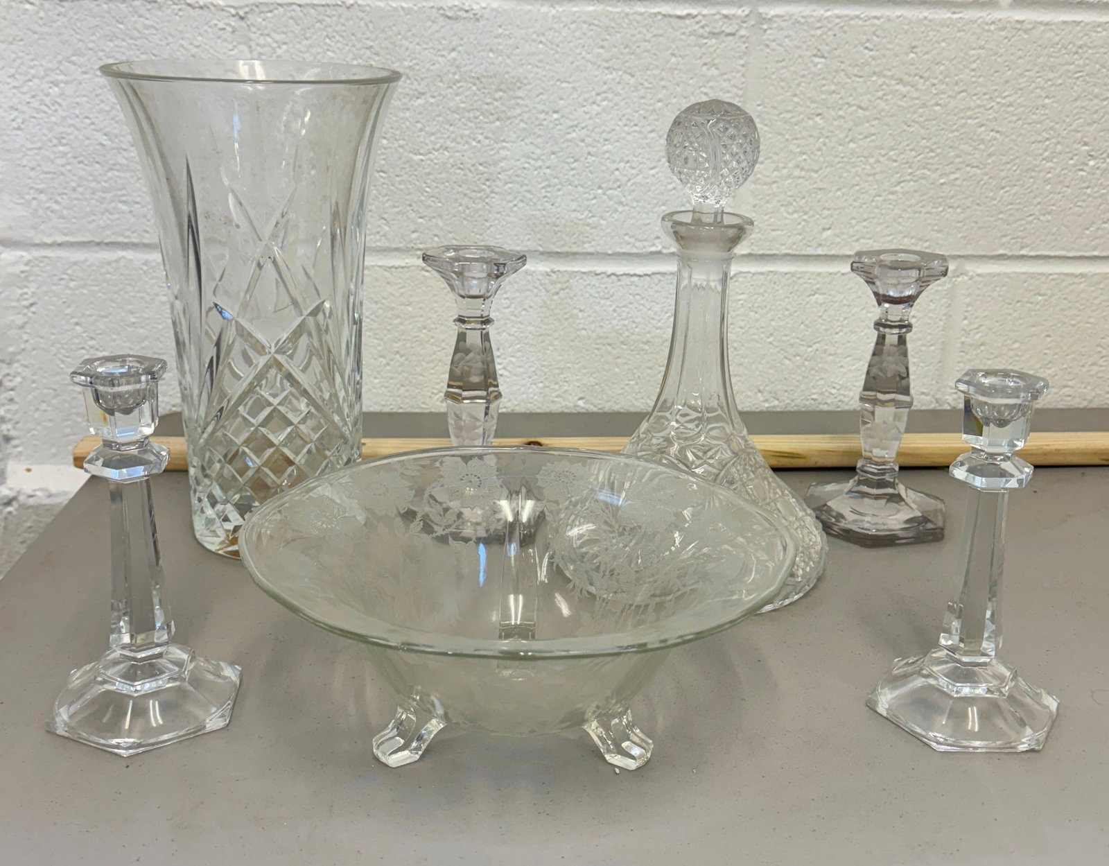 Footed Bowl Vase Candlesticks & Decanter: Vase is approx 6 7/8" in diameter and 11 7/8" tall. No shipping
