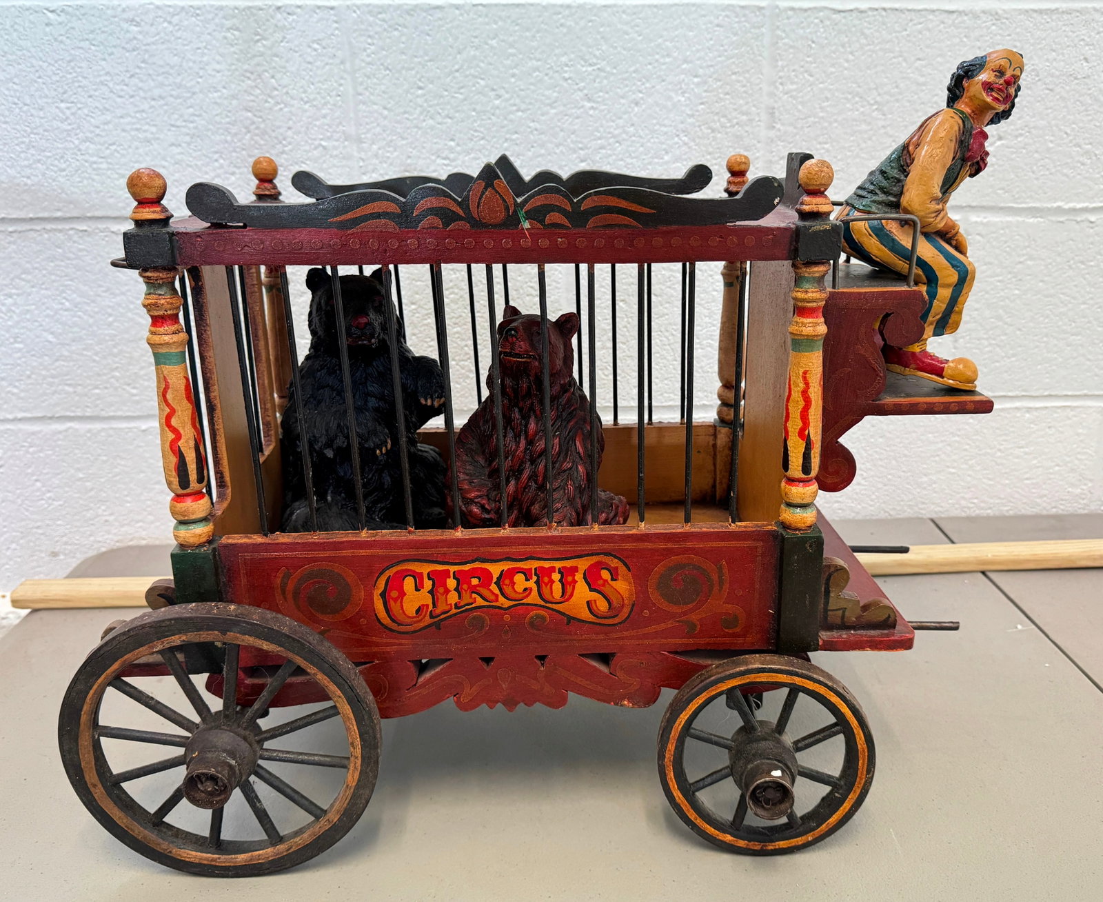 Circus Wagon: Approx 15 1/2" x 21" x 16 1/4" tall. If shipping is needed, it would be packed and shipped thru UPS Store 5528. Recommended getting a quote before bidding.