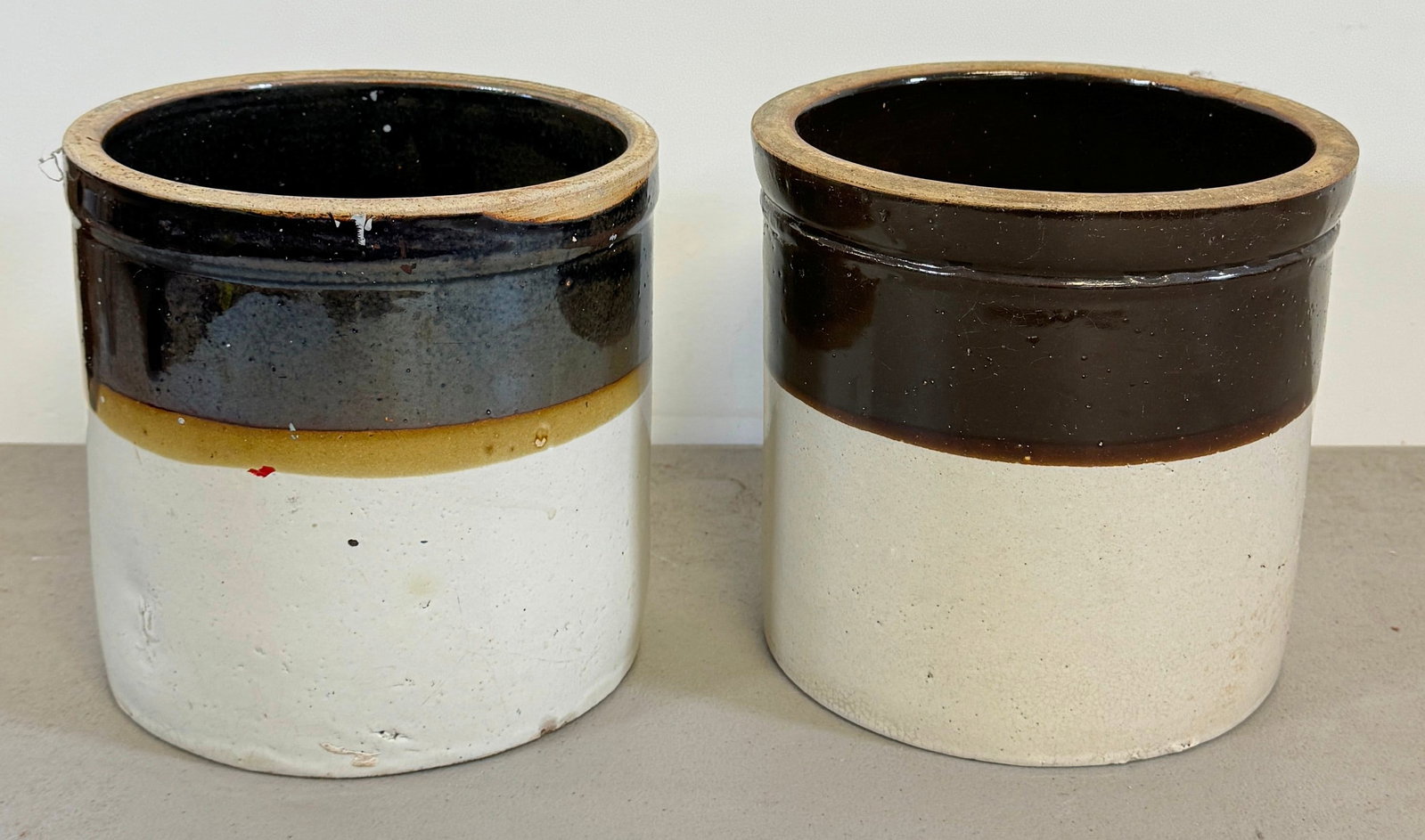 2 Stoneware Crocks: Largest is approx 7 1/2" in diameter and 7 1/2" tall. NO SHIPPING !