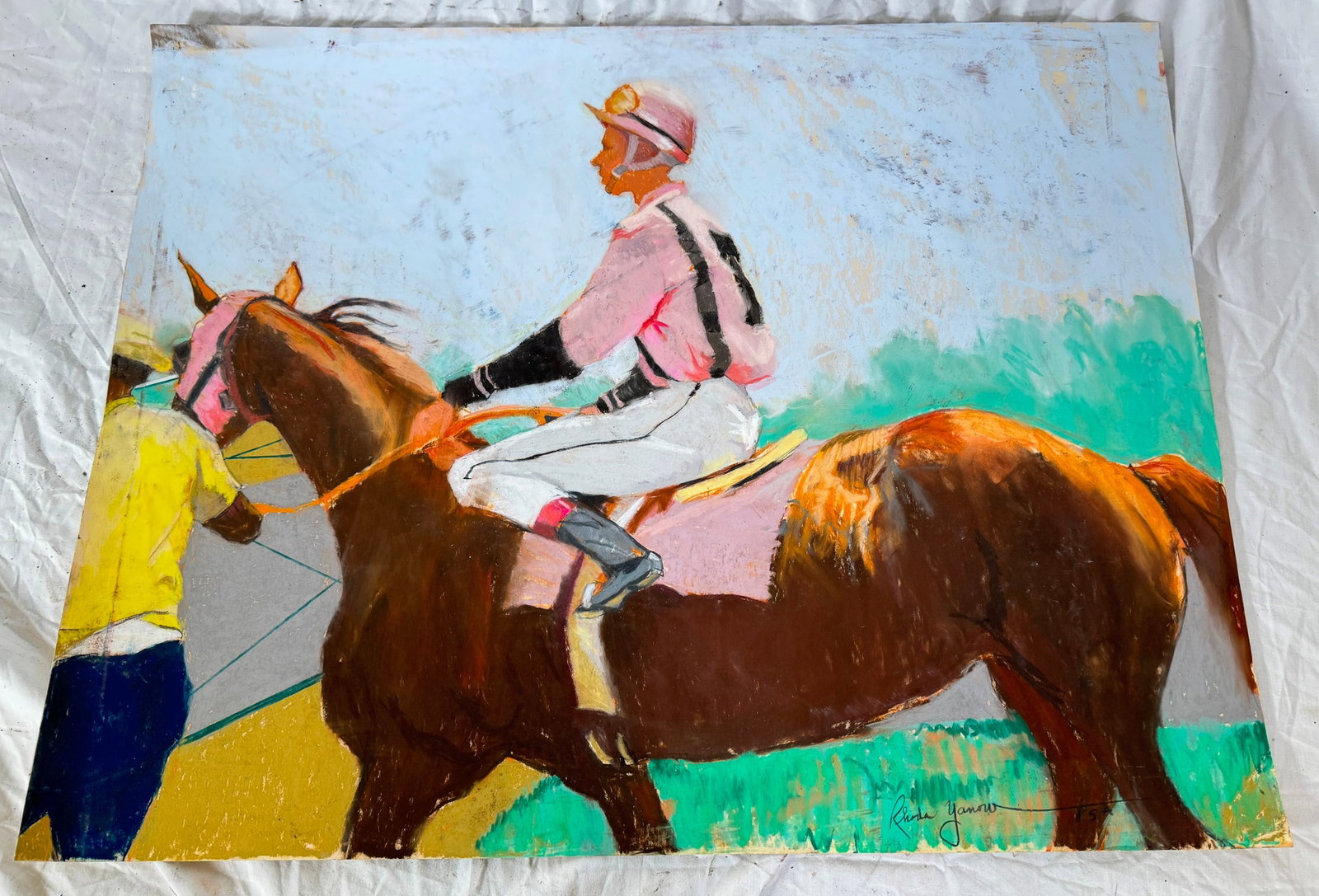 Rhoda Yanow Horse Racing Jockey Pastel Art: Approx 21 3/4" x 27 3/4". Shipping available thru UPS Store 5528