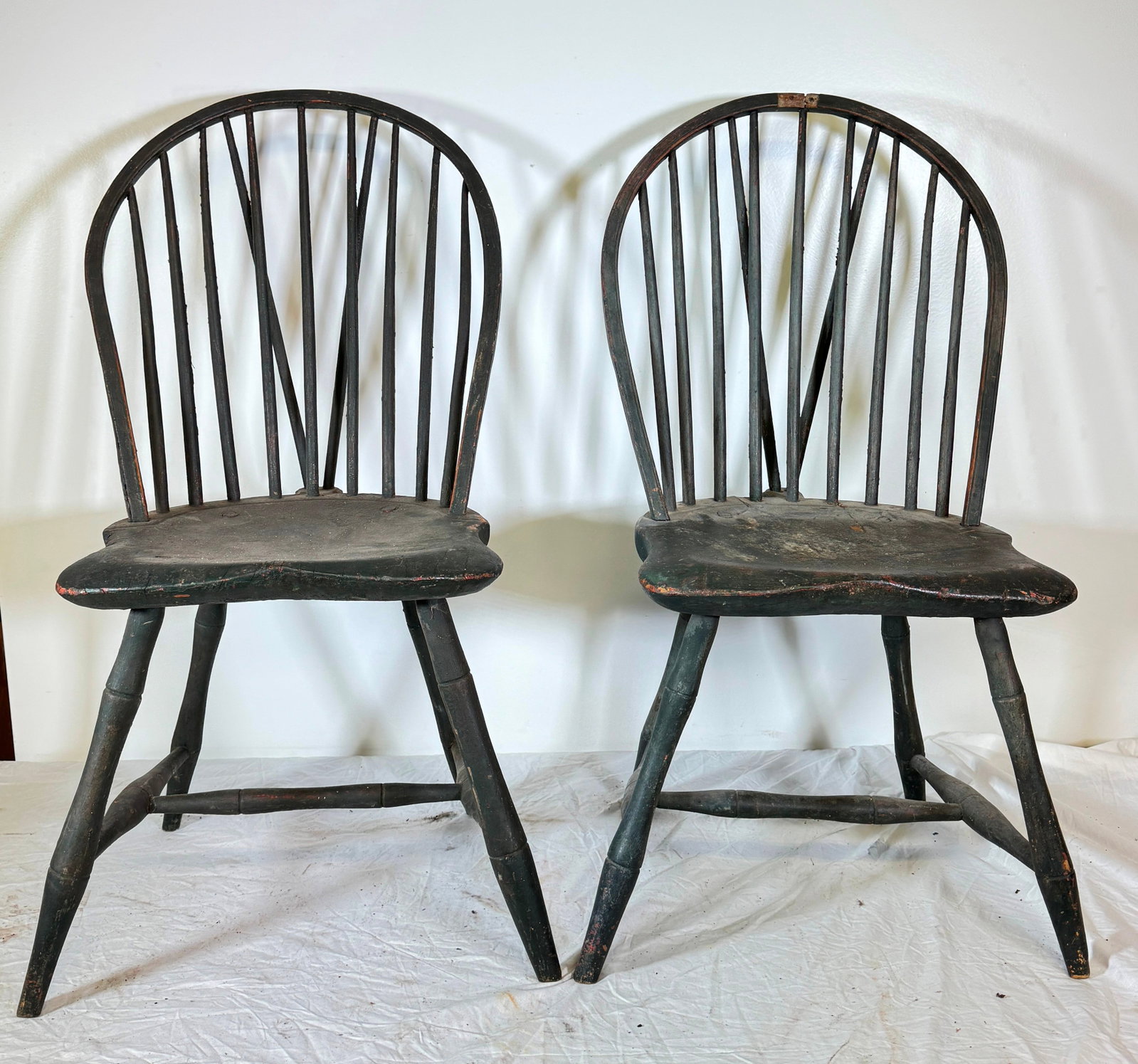 New England Bow Back Chairs in Blue Paint: Approx 16 3/4" to seat, 17" wide, 14 3/4" deep, 35 1/4" tall. NO SHIPPING !