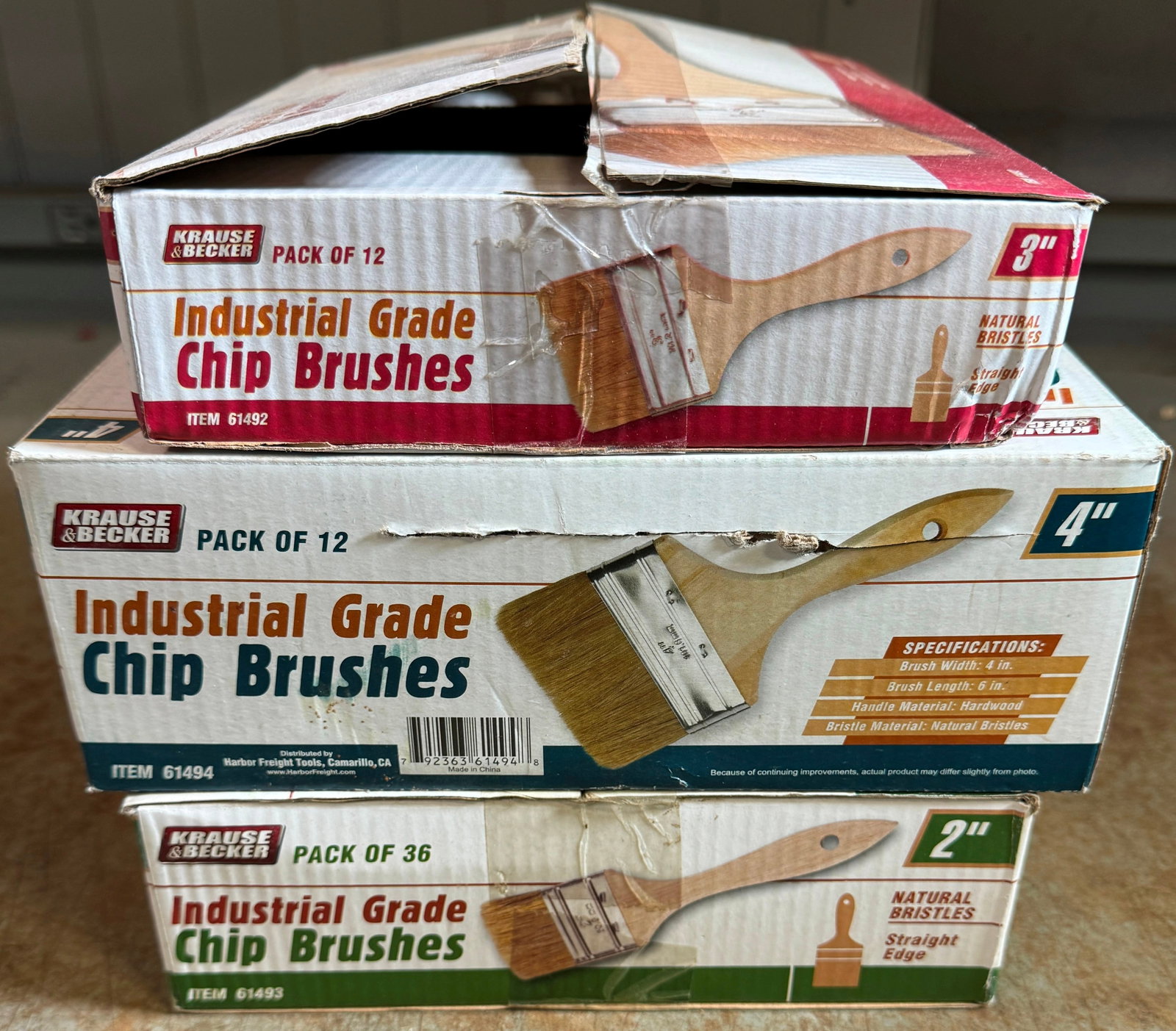Paint Brushes: 3" there is approx 6, 4" (7), 2" box is almost full