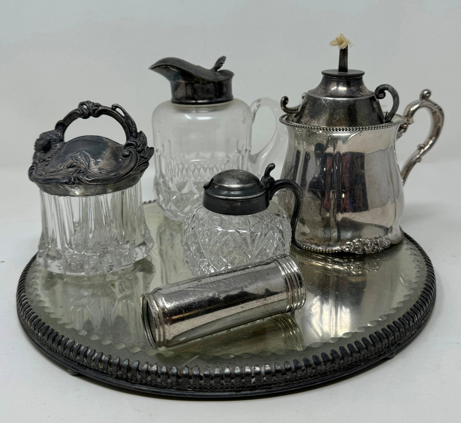 Cut Syrup Mustard Sugar w/ Pewter Tops: Syrup is apprx 4 3/4" tall. Getting all pictured