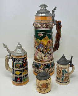 4 German Lidded Steins: Largest is approx 13" in diameter. If shipping is needed, they would be shipped thru UPS Store 5528. Read shipping terms