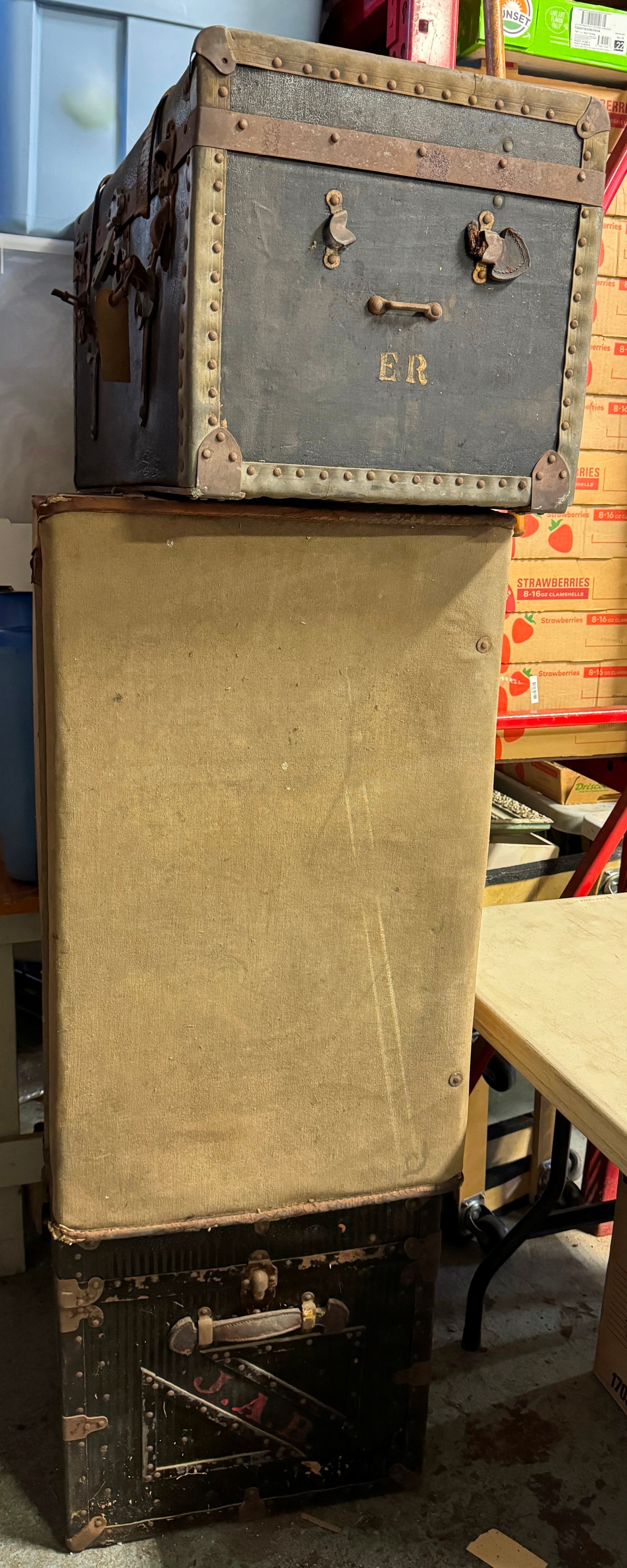 3 Trunks: Largest is approx 21" x 34 1/2" x 21" tall. Must take all 3, NO SHIPPING