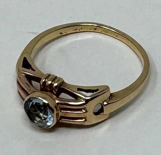 14k Gold Ring w/ Blue Zircon: 14K yellow gold with a center bezel set blue zircon, ring size 6-1/4, 1.48 dwt