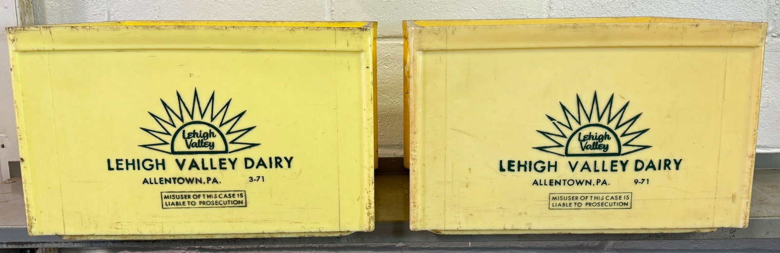 2 1971 Lehigh Valley Dairy Milk Crates: Approx 13" x 16 1/8" x 10 1/2" tall