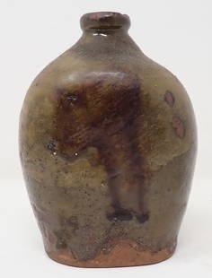 Redware Flask Bottle: Approx 2 1/2" x 3 1/2" x 5 1/2" tall.