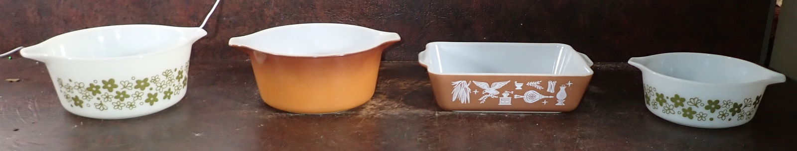 Pyrex Casseroles: Far left one is apprx 7 1/2" in diameter and 3 1/2" tall. If shipping is needed, get a quote from UPS Store 5528 , before bidding.