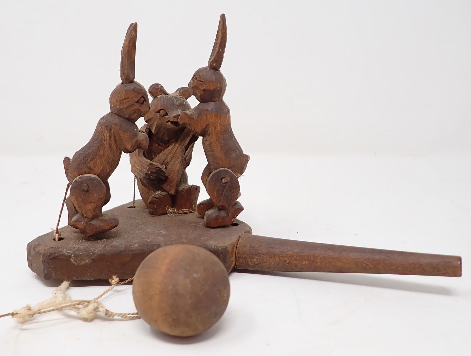 Wooden Rabbit & Bear Musician Carved Toy: Approx 7" long