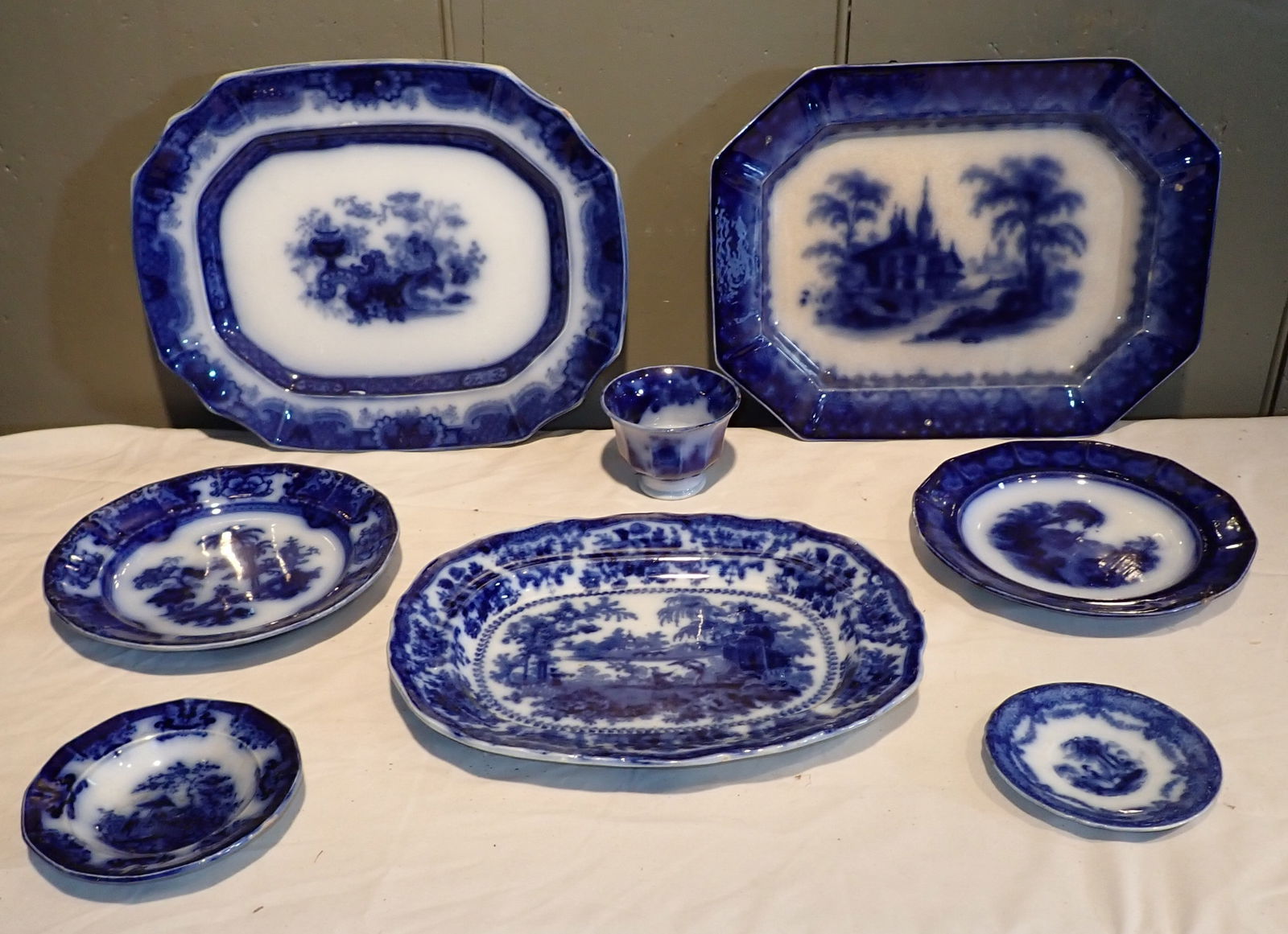 Flow Blue Platters Plates & Cup (1 of 11)