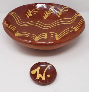 Tamashausky Redware Slip Decorated Bowl & Dish: Oxford Earthenware signed bowl is approx 13 1/8" in diameter and 3 1/2" tall. Dish is not signed. If shipping is needed, it can be packed and shipped thru UPS Store 5528. Get quote before bidding !