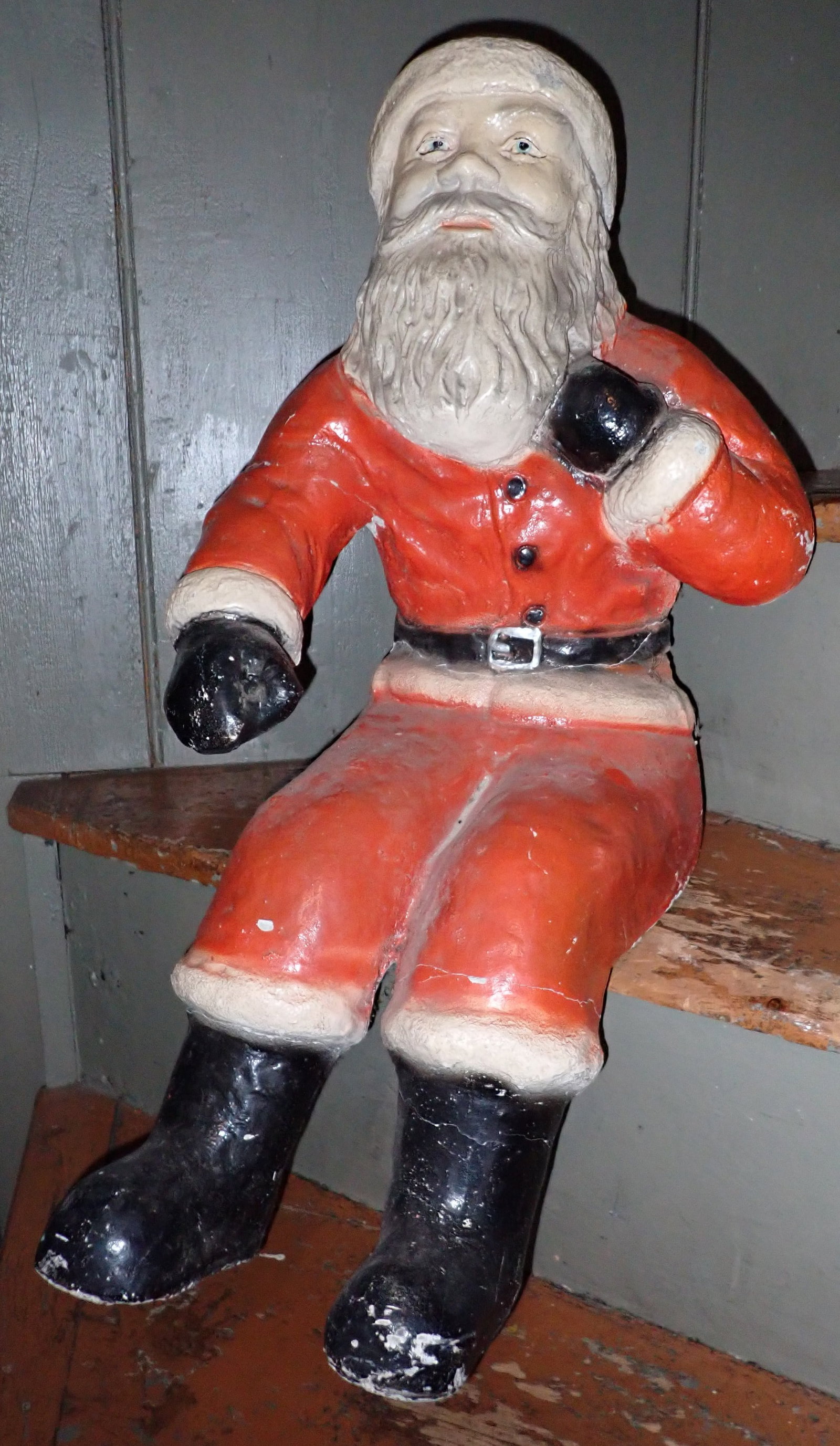 Concrete Sitting Santa: Approx 20" from seat to top of his hat. 26" overall length. No shipping ! It is heavy and you might need to bring help to remove.