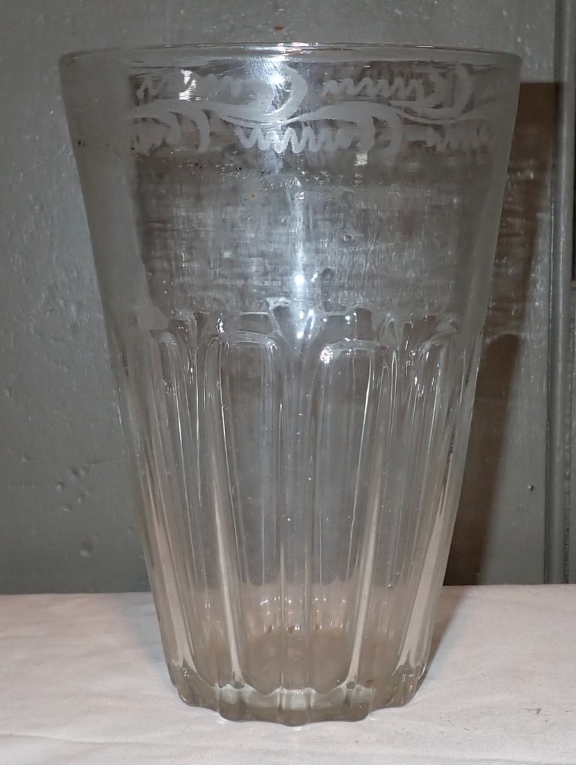 Blown Stiegel Type Circa 1769 Etched Vase: Etched Vase is approx 4 7/8" in diameter and 7" tall.