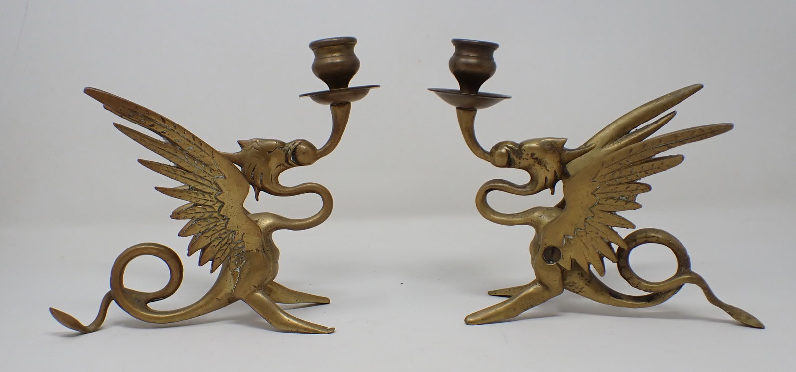 Pair of Brass Dragon Candle Holders: Apprx 7 1/2" long and 7" tall