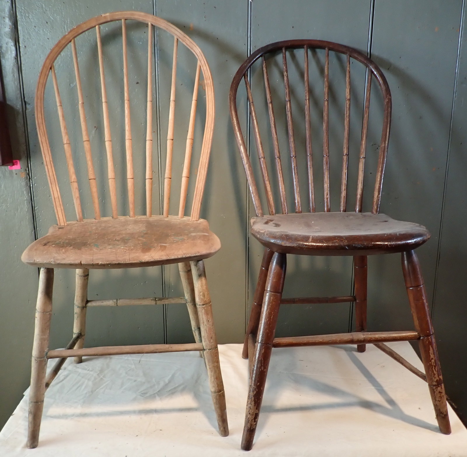 2 Bowback Chairs: Left one is approx 15 1/2" wide, 17 1/2" to seat, 14" deep, 37" tall. NO SHIPPING