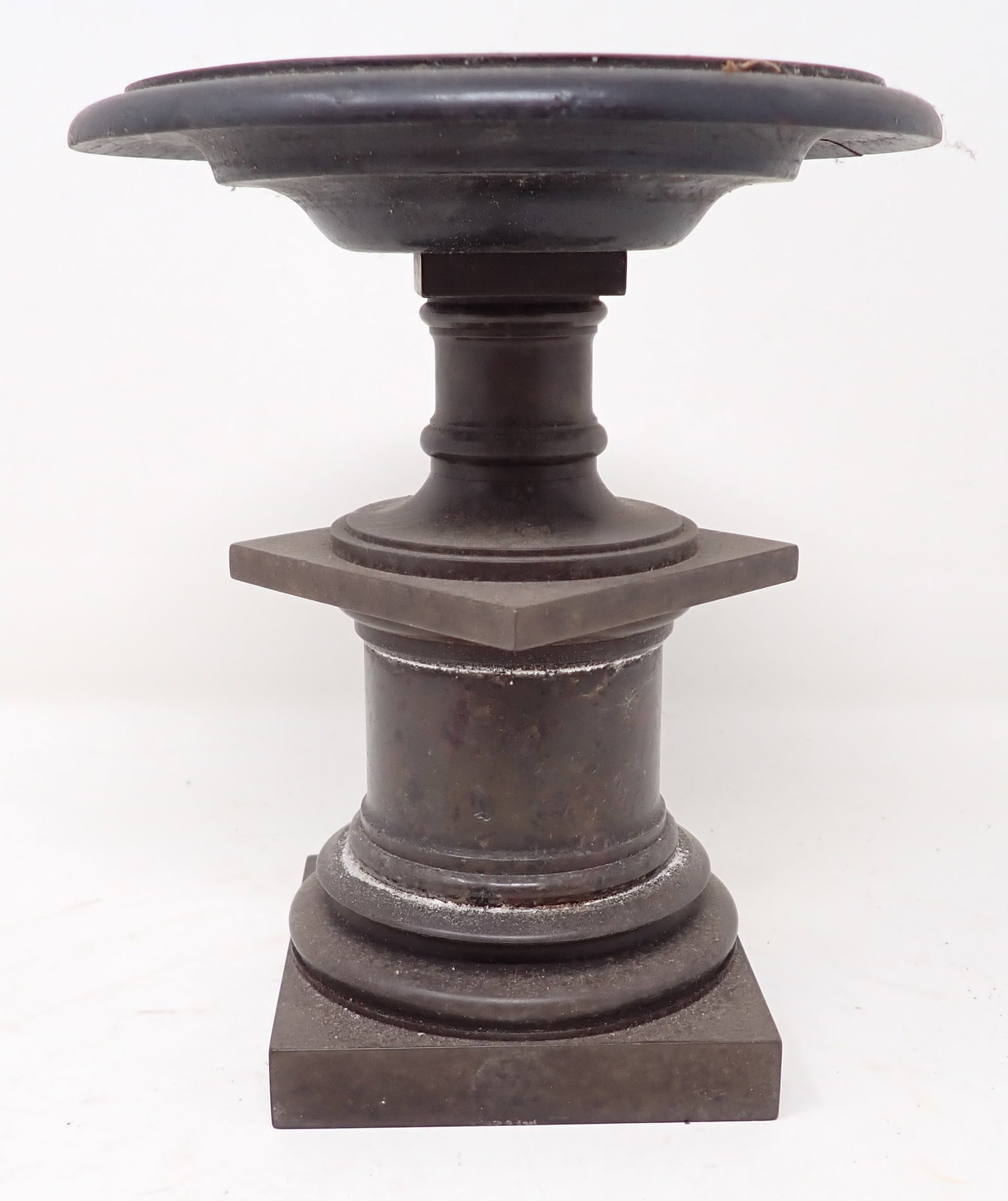 Wood Marble & Brass Compote: Wooden top is appro 5 1/8" in diameter. Total height is apprx 6 1/2". Base is brass