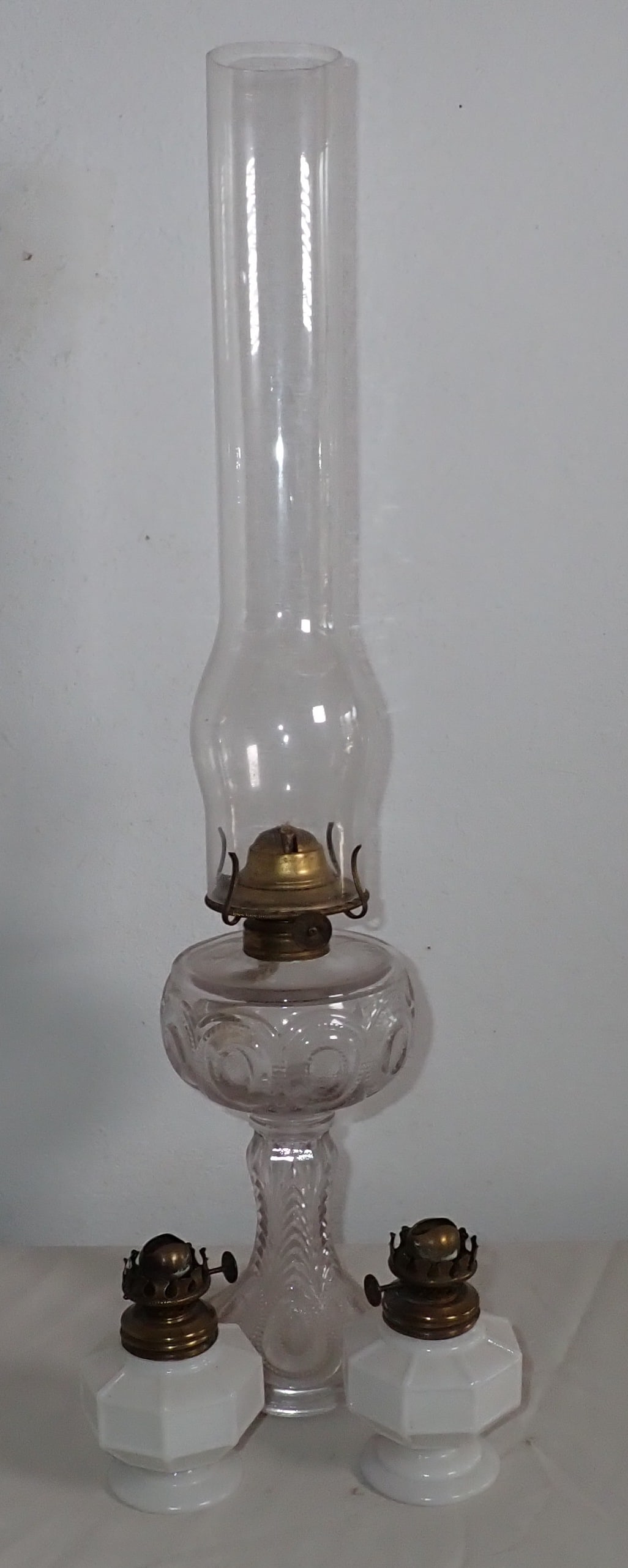 3 Oil Lamps: Tallest is approx 20 1/4" tall. If shipping is needed, it can be packed and shipped thru UPS Store 5528. Get quote before bidding !
