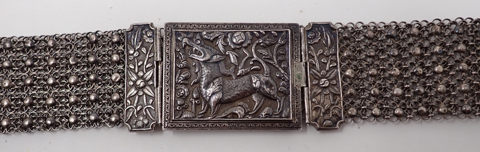 Silver ? Cambodian Belt: Apprx 2" wide and 36" total length. Looks like it could be silver. It is not marked or guaranteed. Sold as pictured