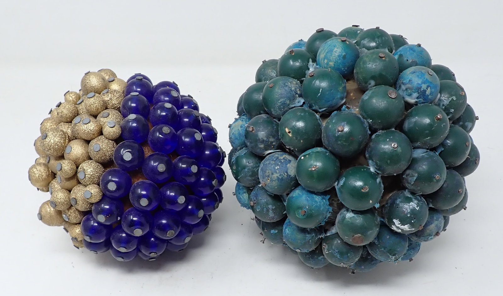 Beaded Art Balls: Largest is apprx 6 1/2" in diameter. Made of glass and possibly wood.