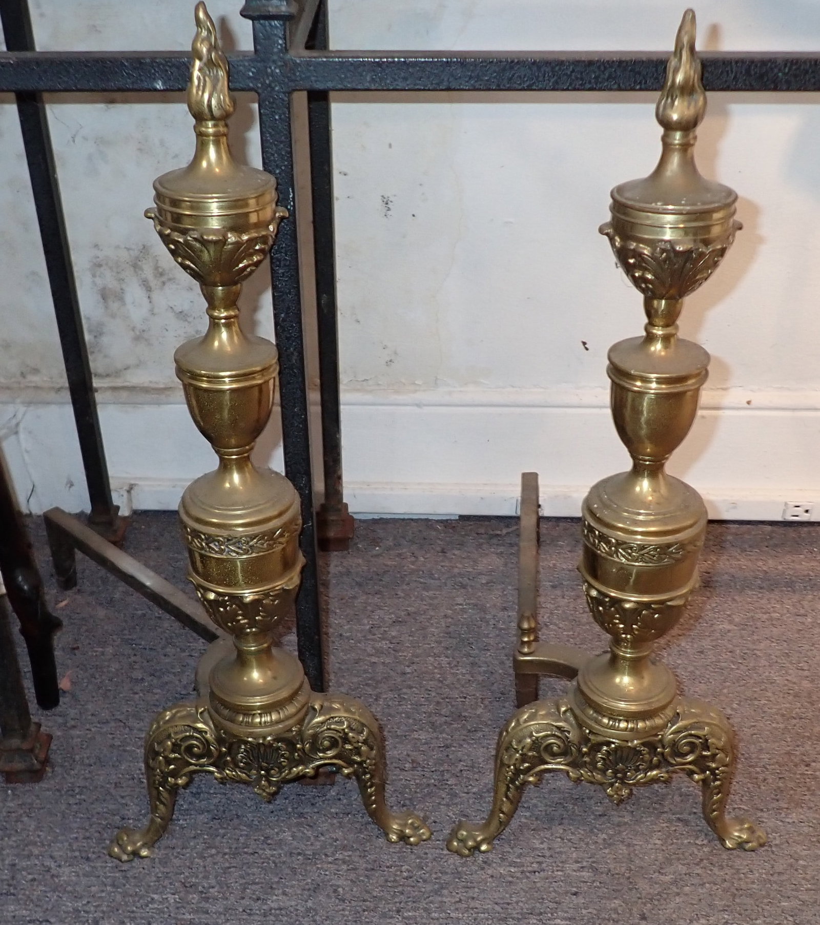 Pair of Brass Andirons w/ Claw Feet: Approx 10 1/2" wide, 17 1/2" deep, 24 3/4" tall. NO SHIPPING