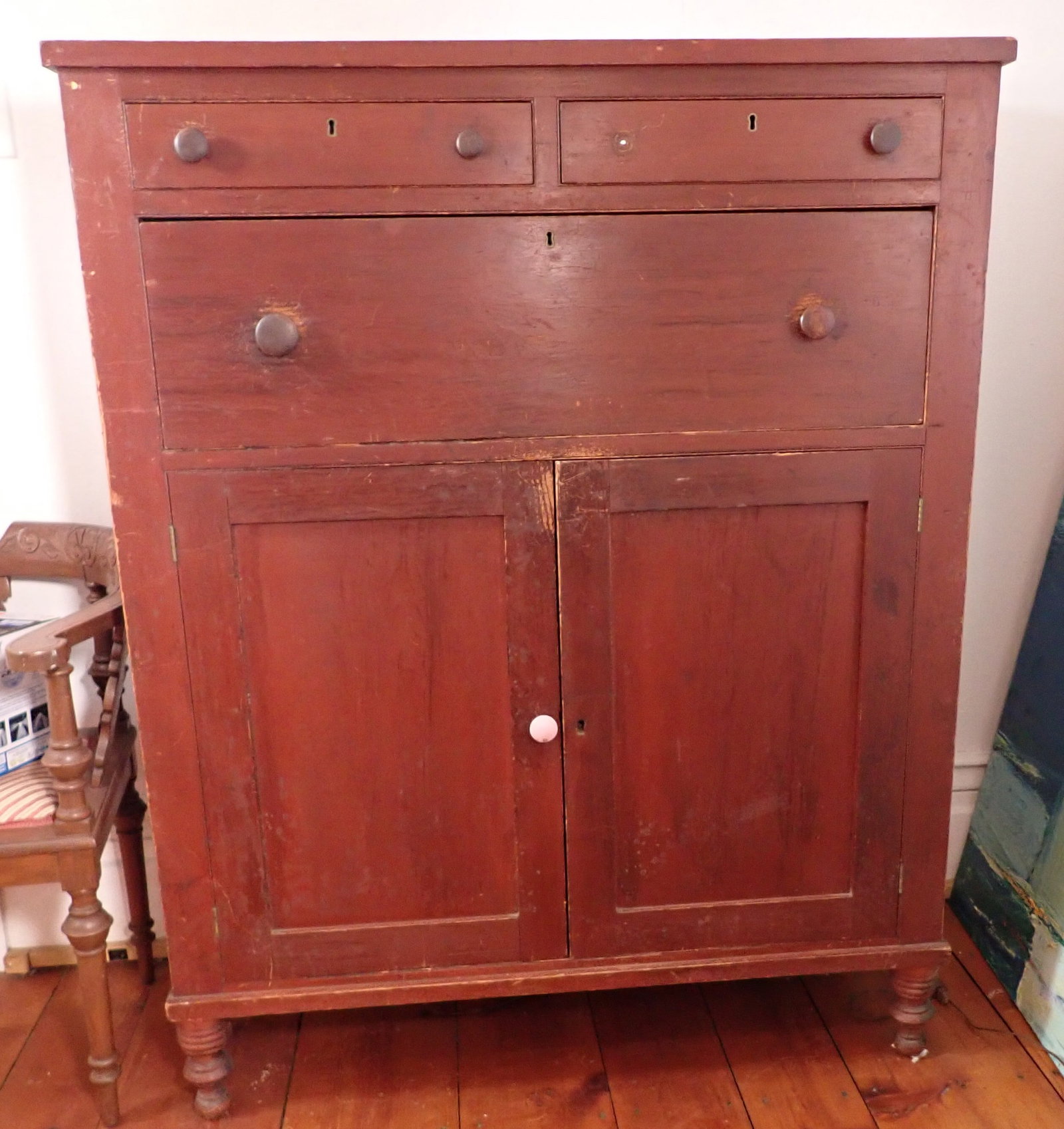 Oversized Jelly Cupboard in Red Paint: Pick u on day 2 only ! Approx 19 1/4" x 45 1/2" x 57 1/2" tall. NO SHIPPING ! Bring proper help to remove.