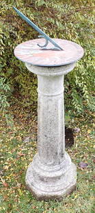 Brass Sundial w/ Concrete Base & Cast Iron Sign: Sundial is approx 10" in diameter. Total height is approx 35". No shipping ! If snow is on the ground by pickup time, it is buyers responsibilty to dig it out of snow or ice .