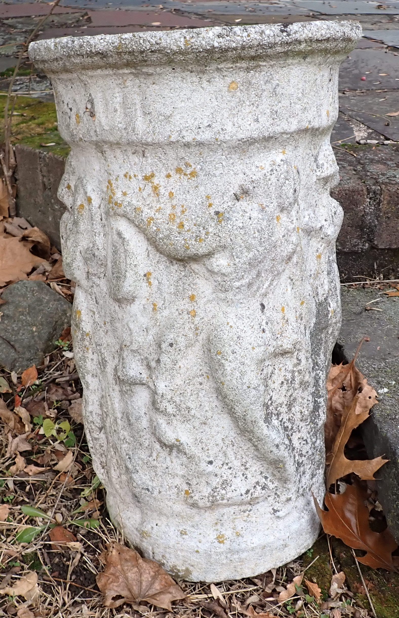 Concrete Planter: Approx 11 1/4" in diameter and 20" tall. No shipping ! If snow is on the ground by pickup time, it is buyers responsibilty to dig it out of snow or ice .