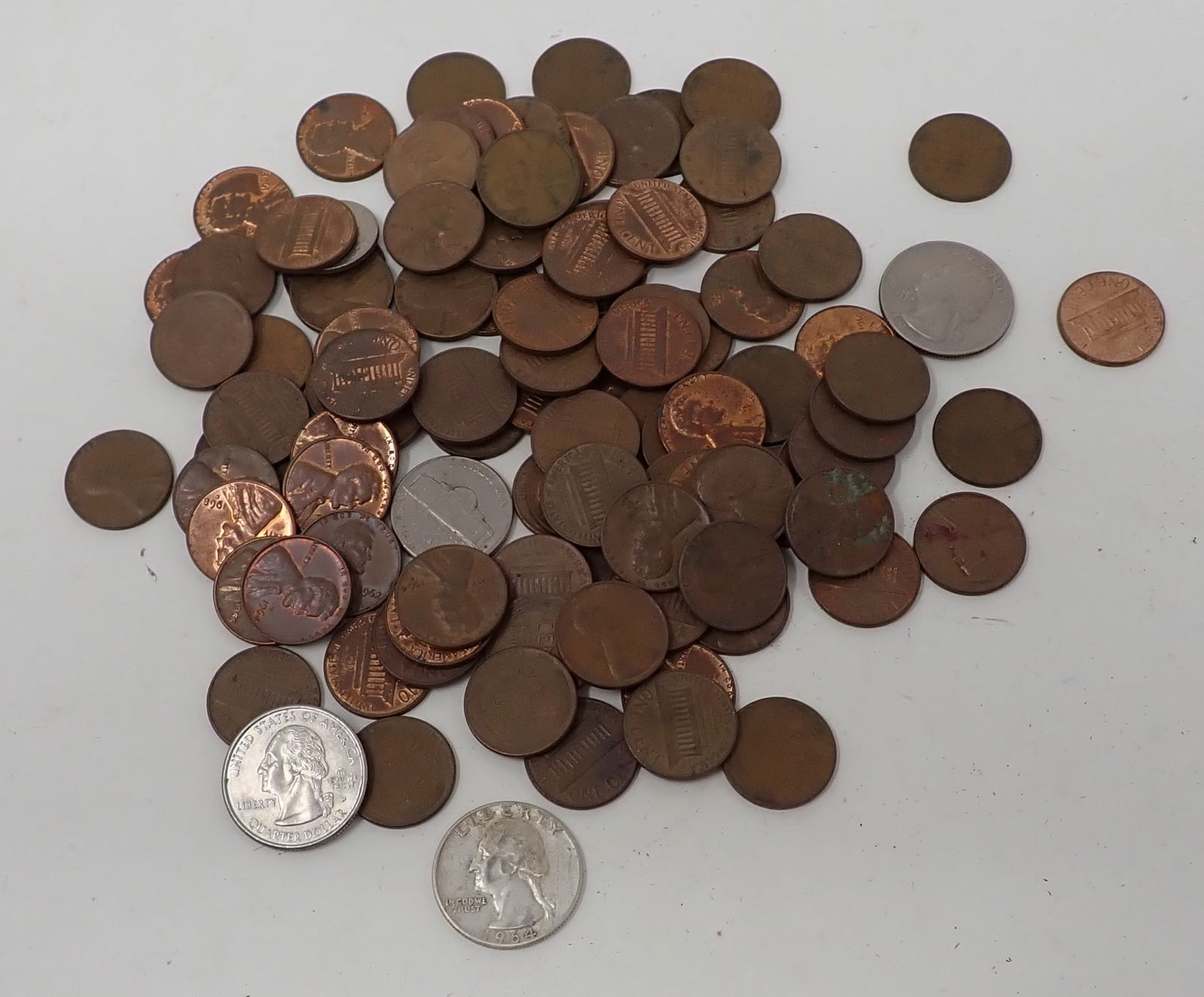 Pennies incl Wheat & 1964 Silver Quarter (1 of 2)