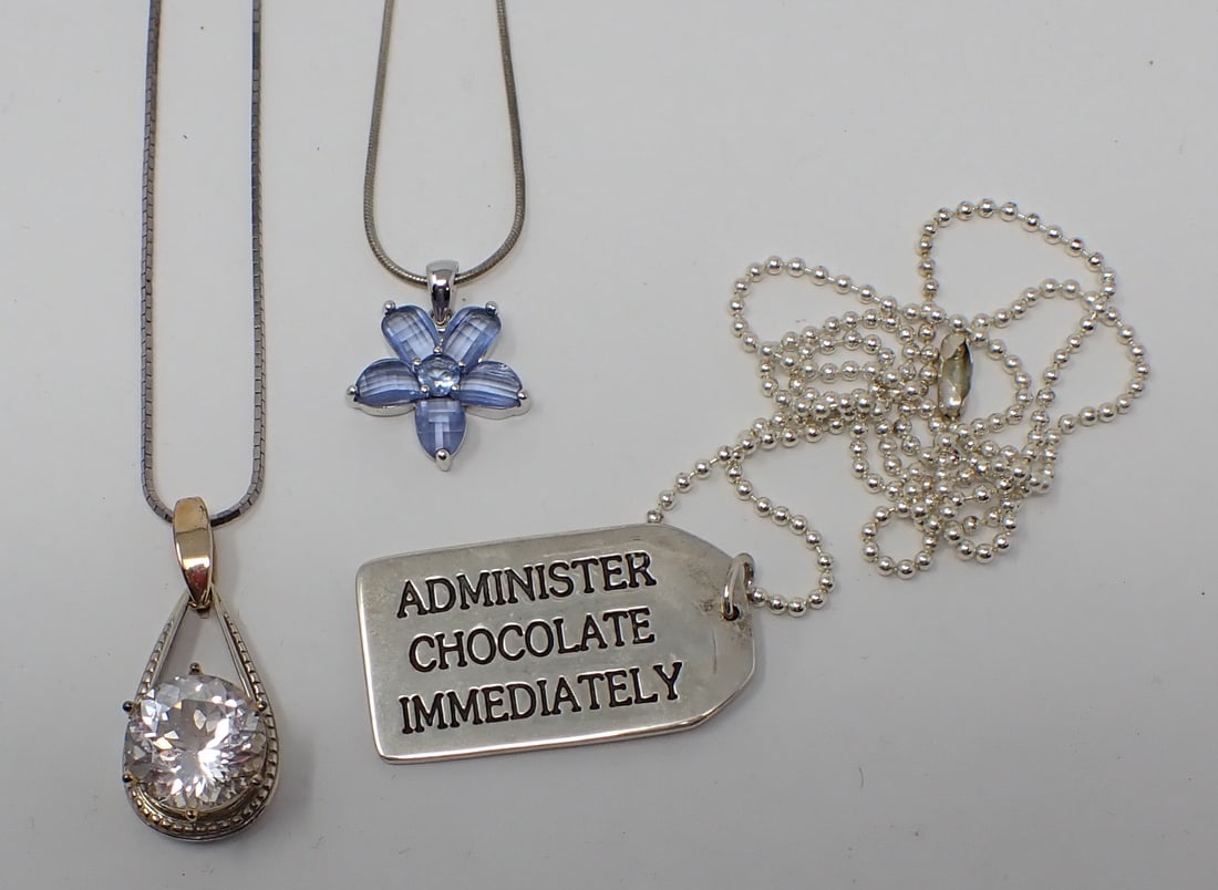 3 Sterling Pendants on Sterling Chains: Includes a 20" snake link chain supporting a flower pendant with purplish-blue stones; 24" box link chain supporting a drop pendant with large clear faux-diamond; and a dog-tag style pendant "Administ