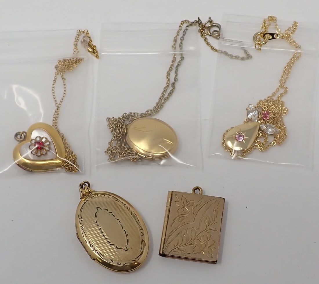 5 Gold-Filled Lockets, 3 Chains: Various shapes including heart, angel, book, ovals