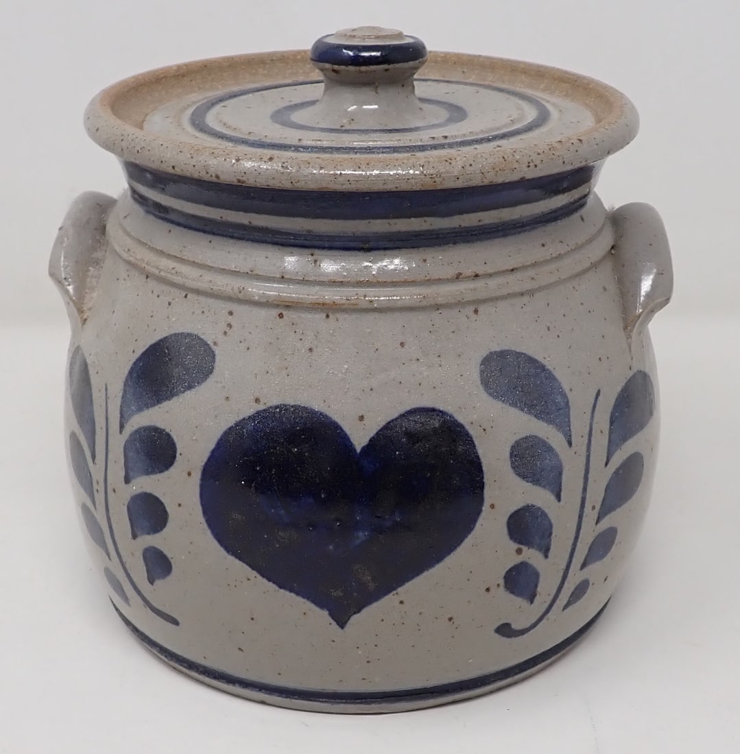 Blue Decorated Pottery Crock w/ Heart (1 of 3)