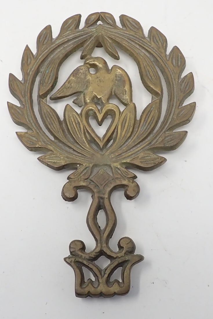 Brass Eagle over Heart Trivet: Approx 5 1/2" x 8 5/8"