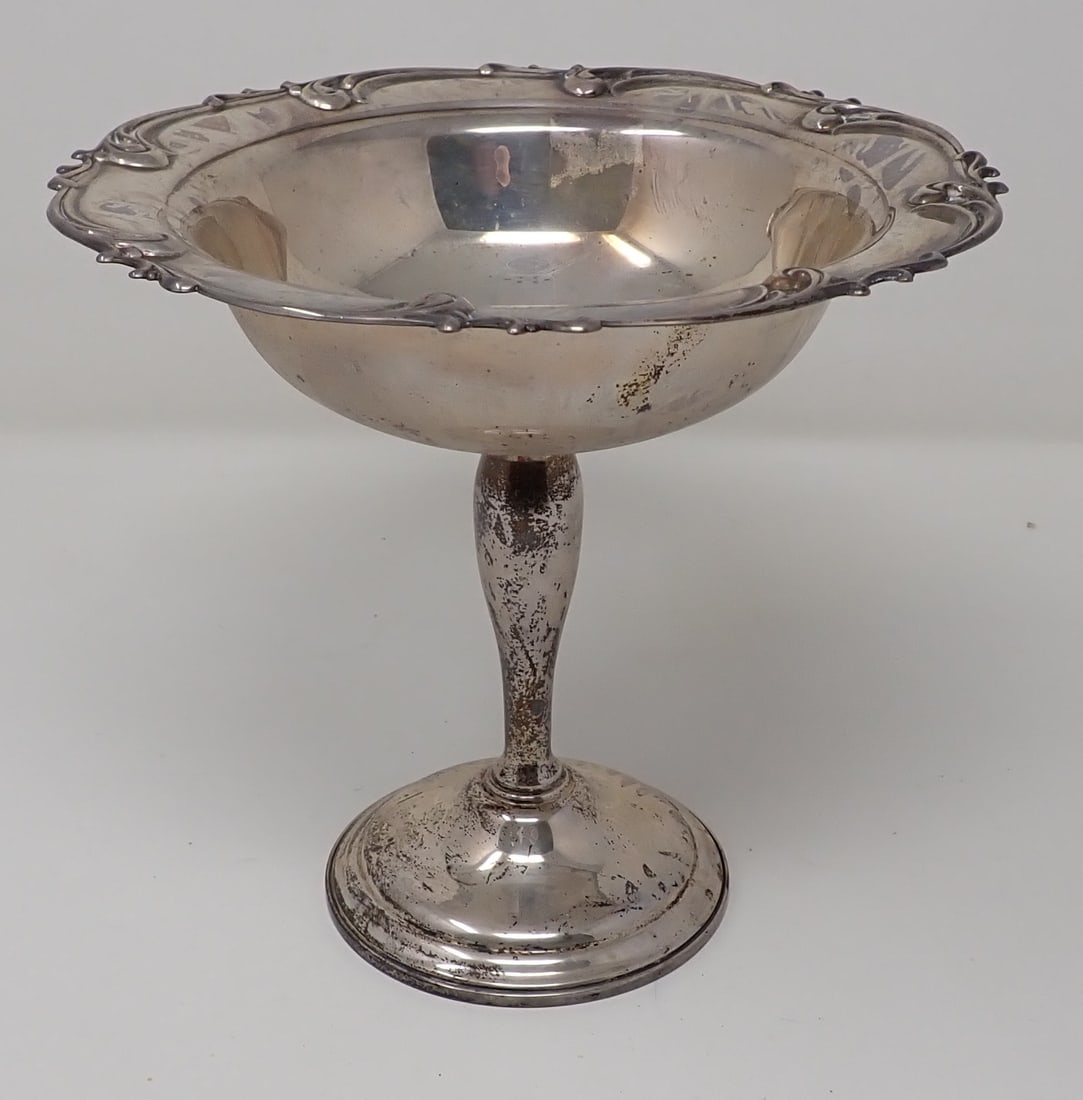 Sterling Silver Compote: Approx 6 1/2" in diameter and 6" tall. It is weighted and weighs approx 330 grams