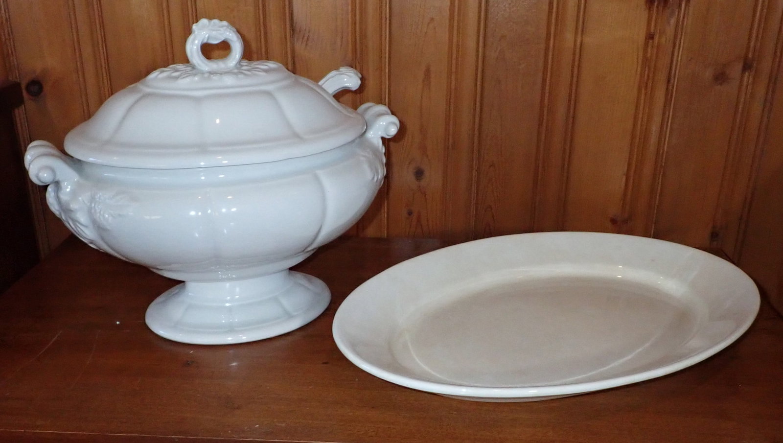 Ironstone Soup Tureen & Platter: Tureen is approx 9 3/4" x 14" x 12" tall. NO SHIPPING